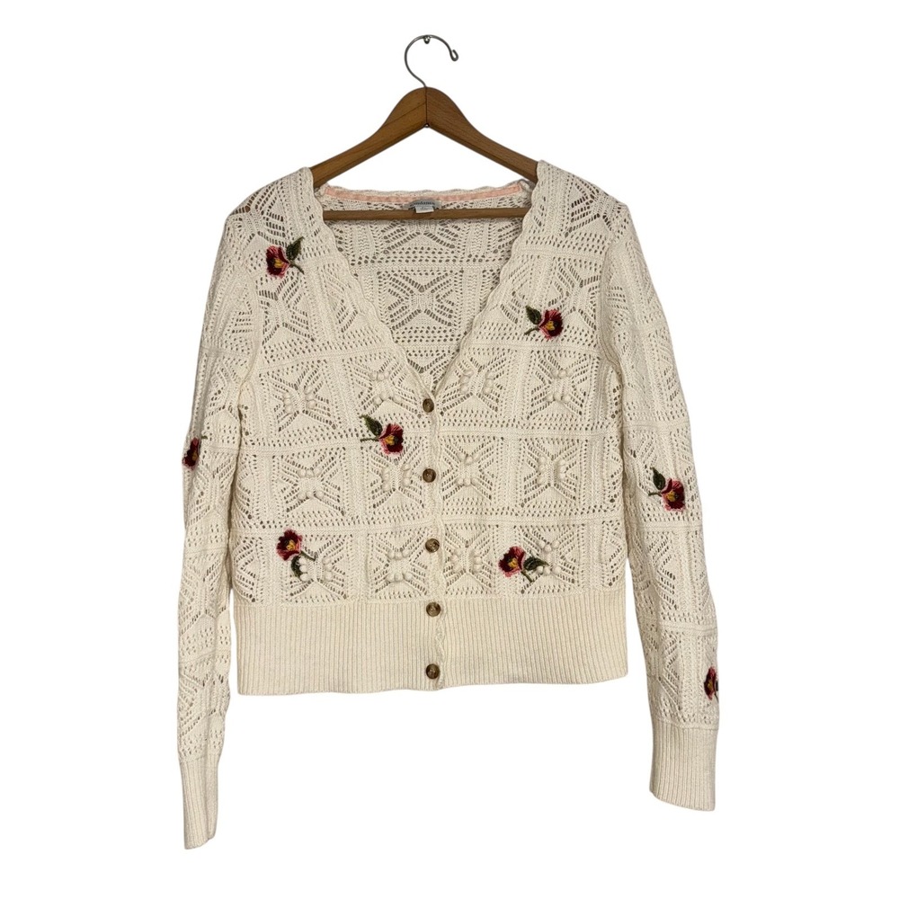 Sundance Cream Crochet Knit Cardigan Sweater Floral Embroidered Womens PL - Picture 4 of 8